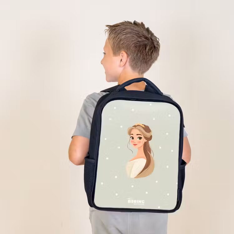 Kids backpack - Black - Princess with tiara on green polka dot background — 2