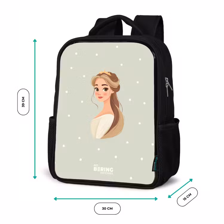 Kids backpack - Black - Princess with tiara on green polka dot background — 8