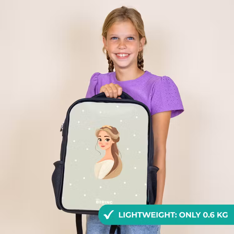 Kids backpack - Black - Princess with tiara on green polka dot background — 9