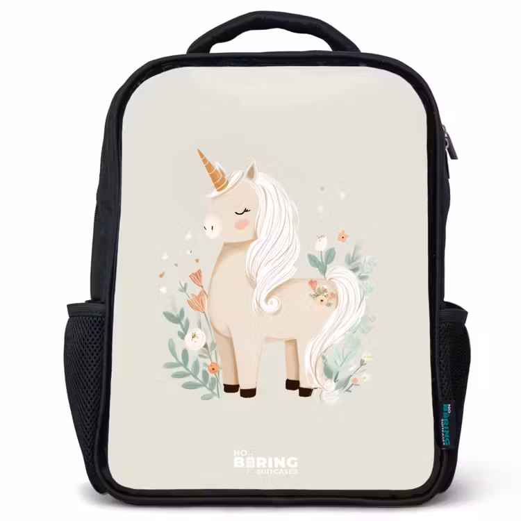 Kids backpack - Black - Unicorn among flowers in beige colors — 1