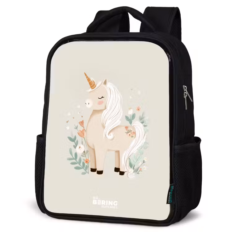 Kids backpack - Black - Unicorn among flowers in beige colors — 6