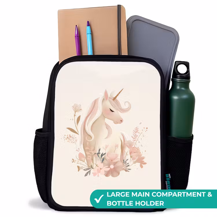 Kids backpack - Black - Unicorn among flowers in pink pastel colors — 10