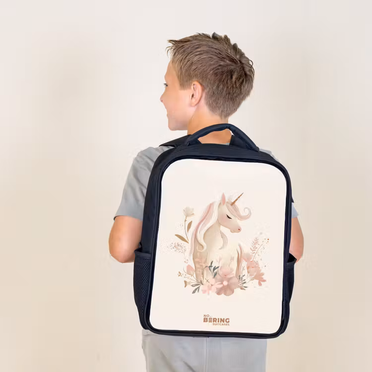 Kids backpack - Black - Unicorn among flowers in pink pastel colors — 2