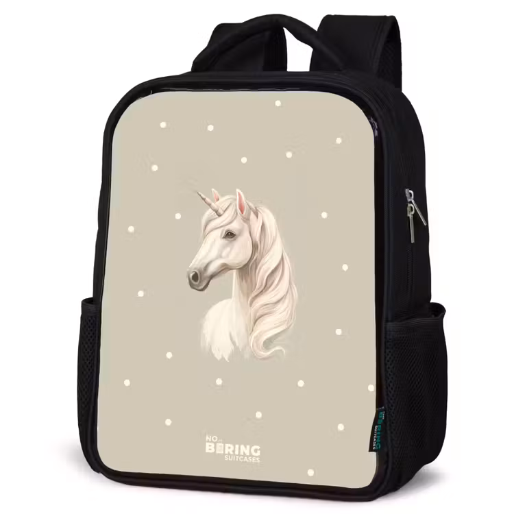 Kids backpack - Black - Unicorn surrounded by polka dots in neutral colors — 6