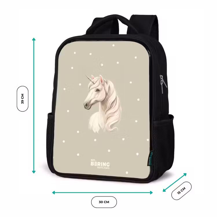 Kids backpack - Black - Unicorn surrounded by polka dots in neutral colors — 8