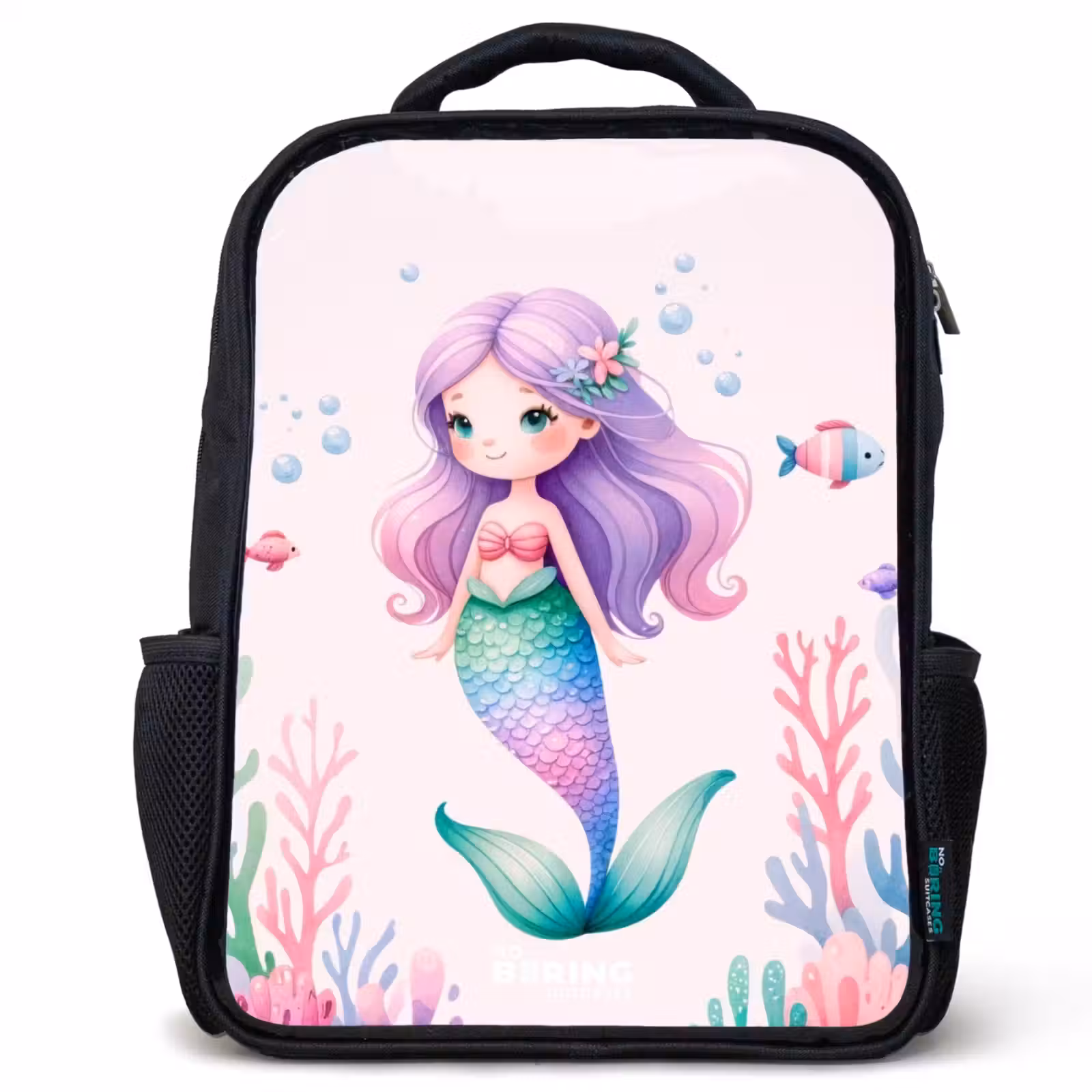 Kids backpack - Black - Mermaid surrounded by fish and coral — 1