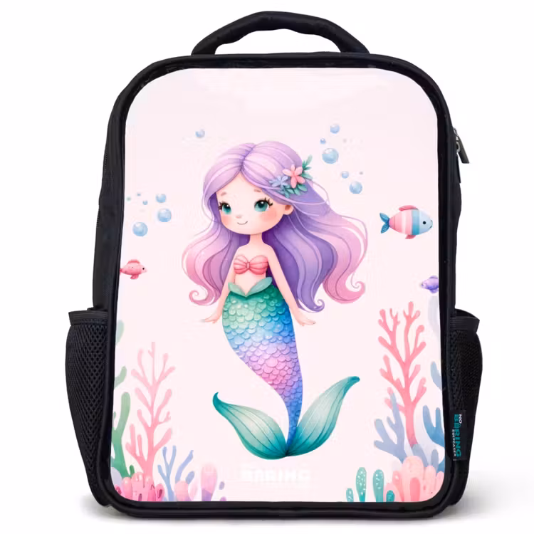 Kids backpack - Black - Mermaid surrounded by fish and coral — 1