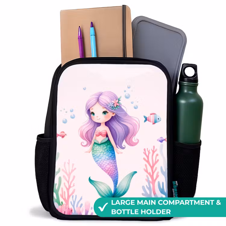 Kids backpack - Black - Mermaid surrounded by fish and coral — 10