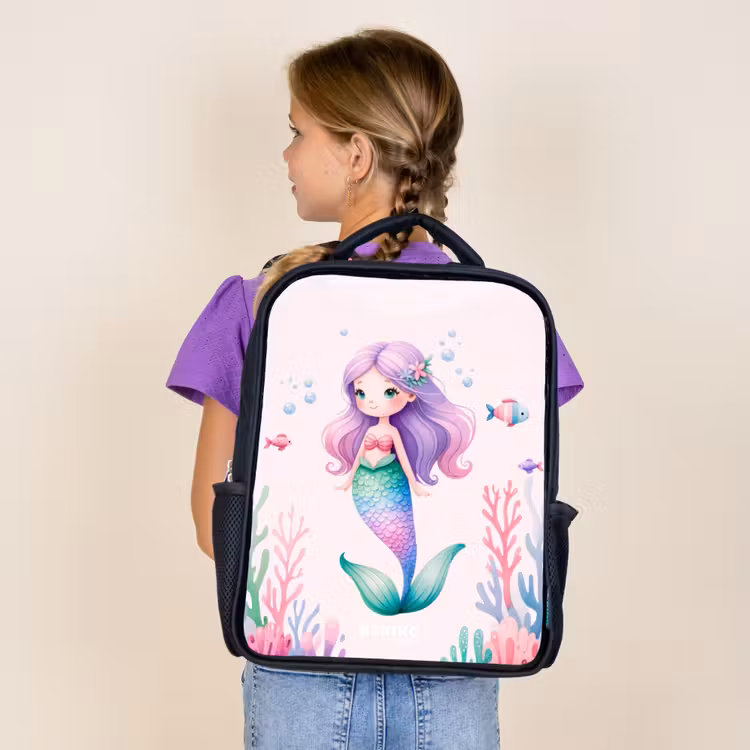 Kids backpack - Black - Mermaid surrounded by fish and coral — 4