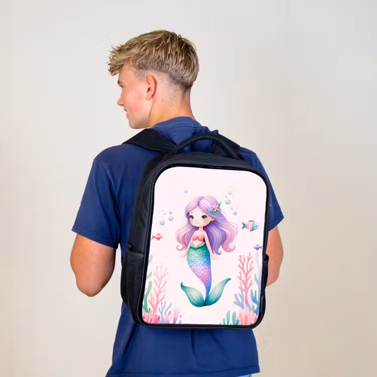 Kids backpack - Black - Mermaid surrounded by fish and coral — 5
