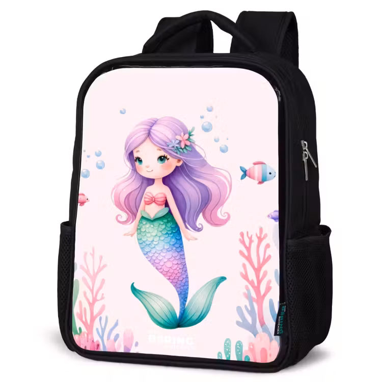 Kids backpack - Black - Mermaid surrounded by fish and coral — 6