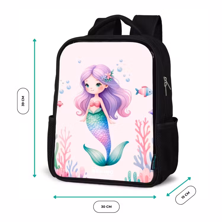 Kids backpack - Black - Mermaid surrounded by fish and coral — 8