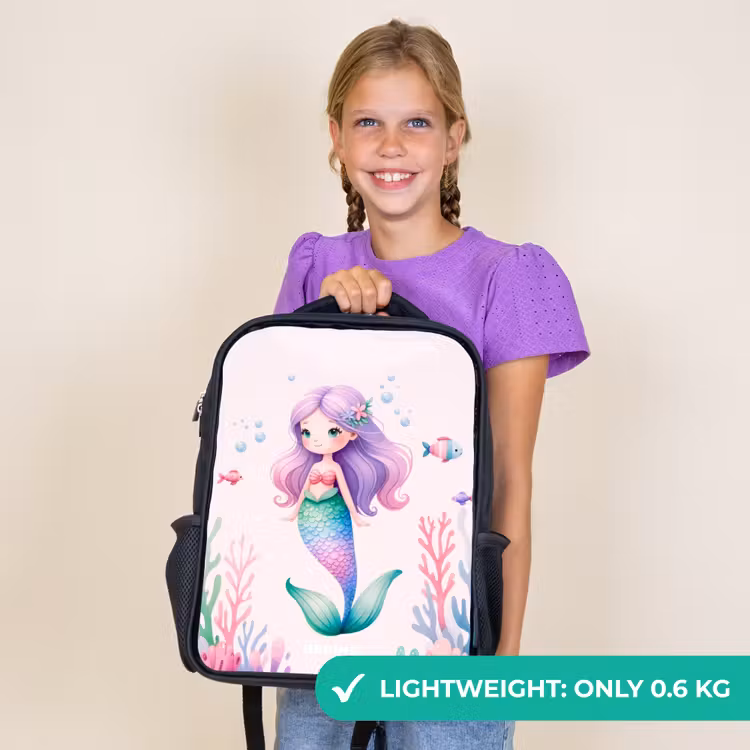 Kids backpack - Black - Mermaid surrounded by fish and coral — 9