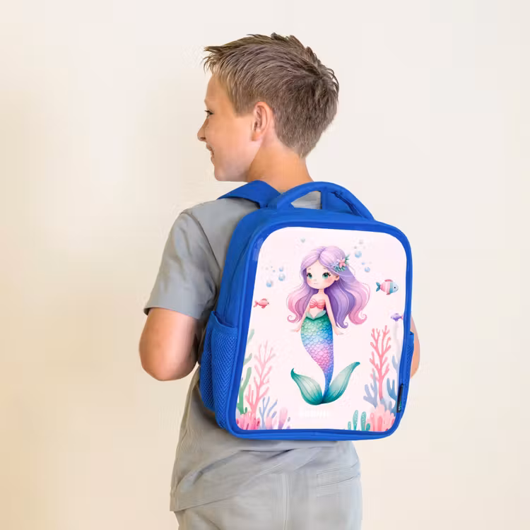 Kids backpack - Blue - Mermaid surrounded by fish and coral — 2