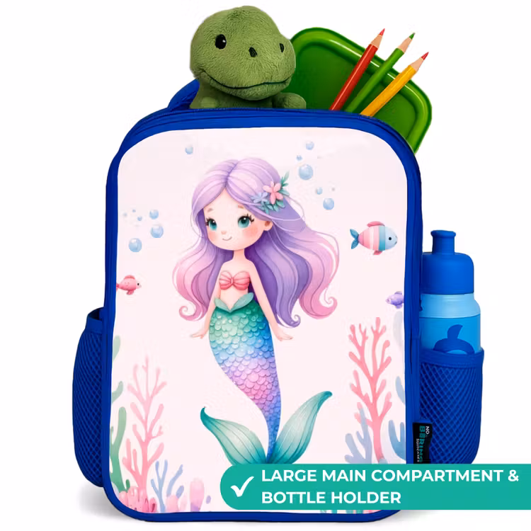 Kids backpack - Blue - Mermaid surrounded by fish and coral — 5