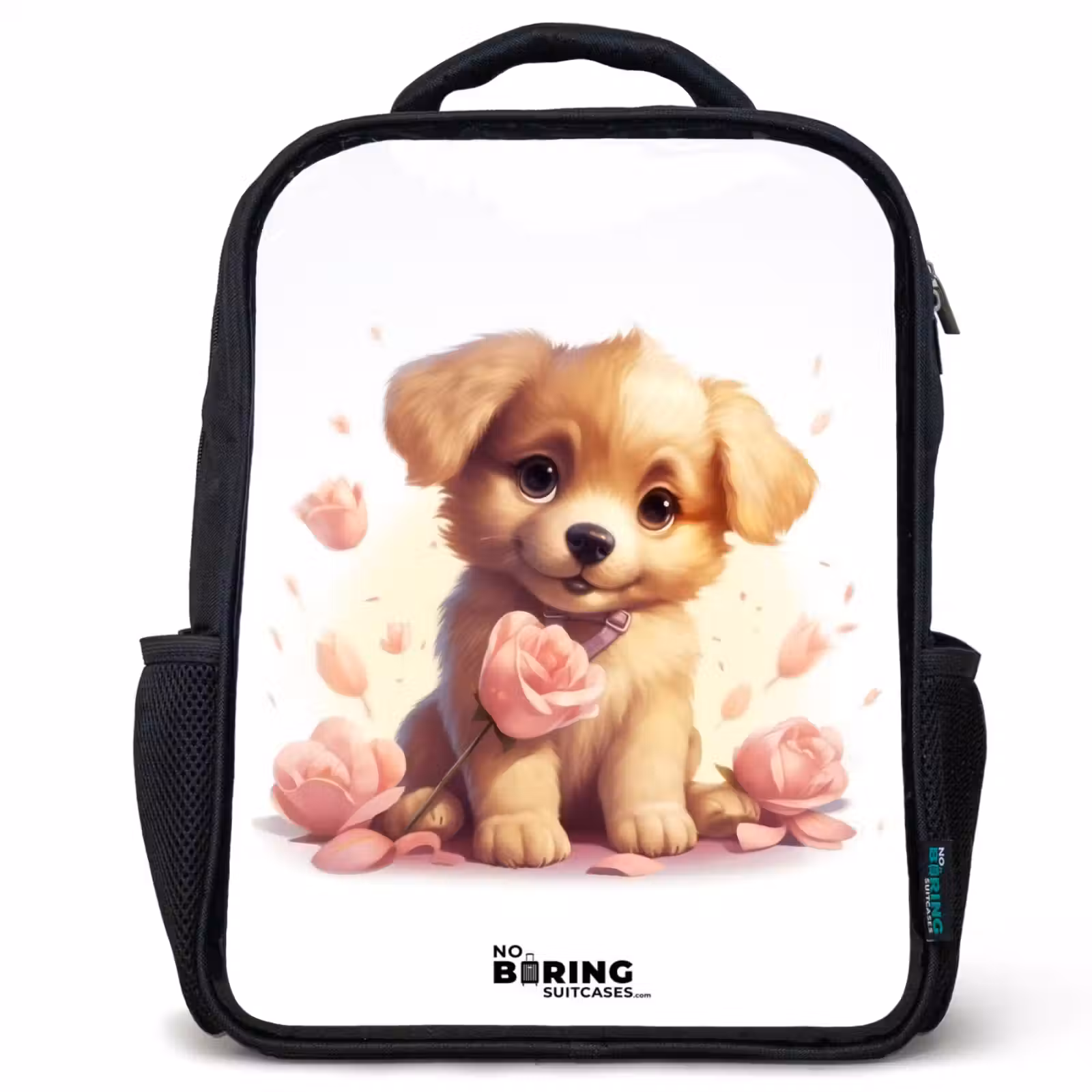 Kids backpack - Black - Puppy with pink flowers — 1