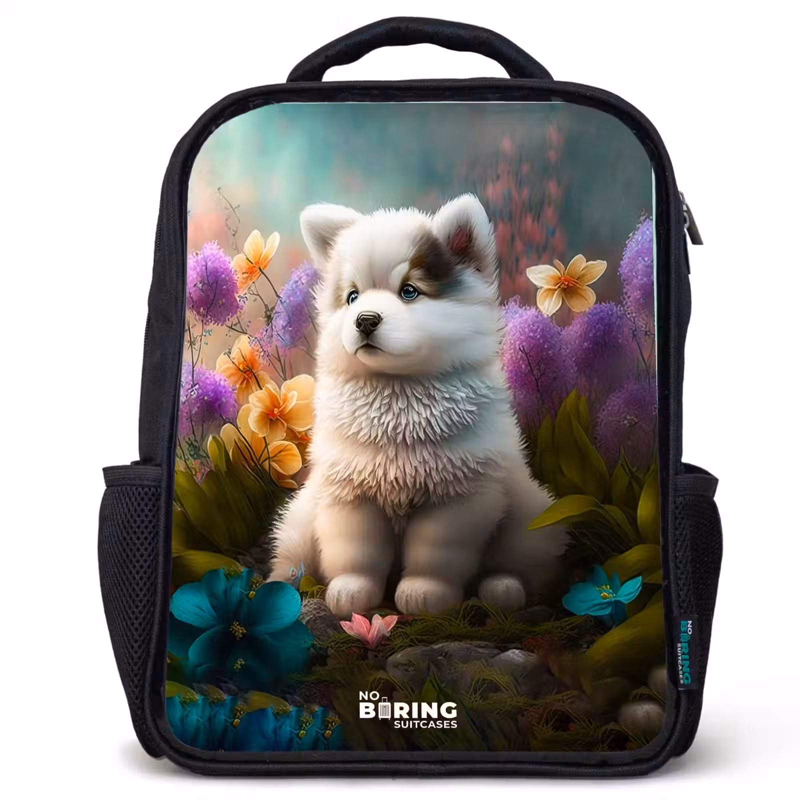 Kids backpack - Black - White puppy in a flower meadow — 1
