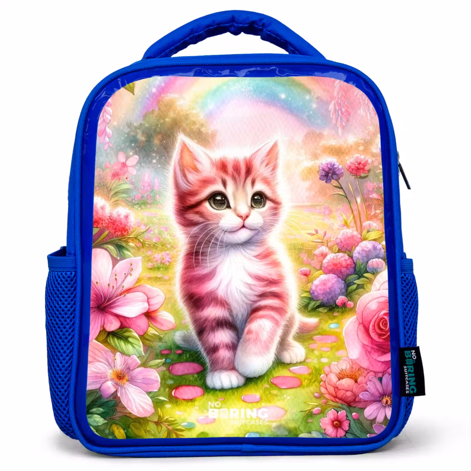 Kids backpack - Blue - Kitten with rainbow and flowers — 1