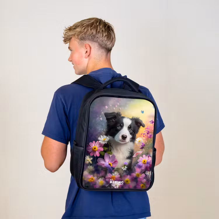 Kids backpack - Black - black and white puppy among colorful flowers — 5