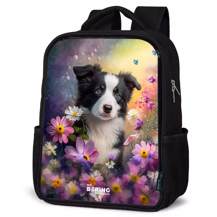 Kids backpack - Black - black and white puppy among colorful flowers — 6