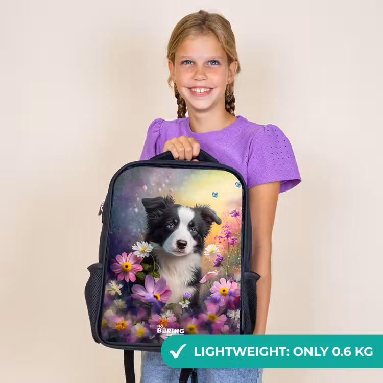 Kids backpack - Black - black and white puppy among colorful flowers — 9