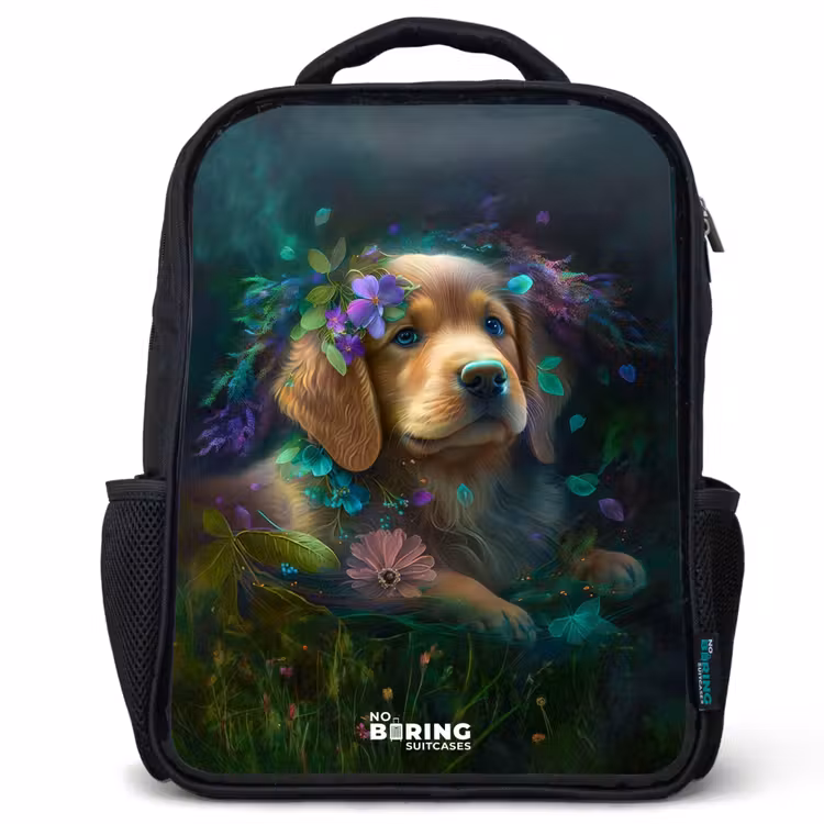 Kids backpack - Black - Brown dog among flowers — 1