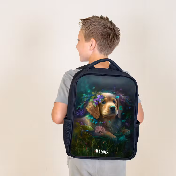 Kids backpack - Black - Brown dog among flowers — 2