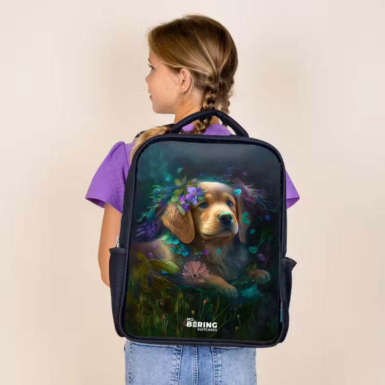 Kids backpack - Black - Brown dog among flowers — 4