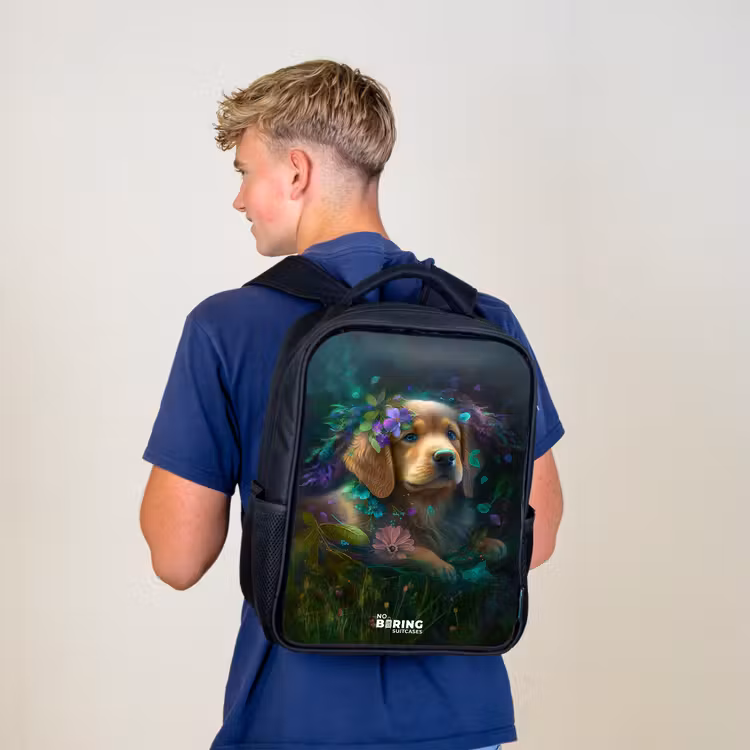 Kids backpack - Black - Brown dog among flowers — 5