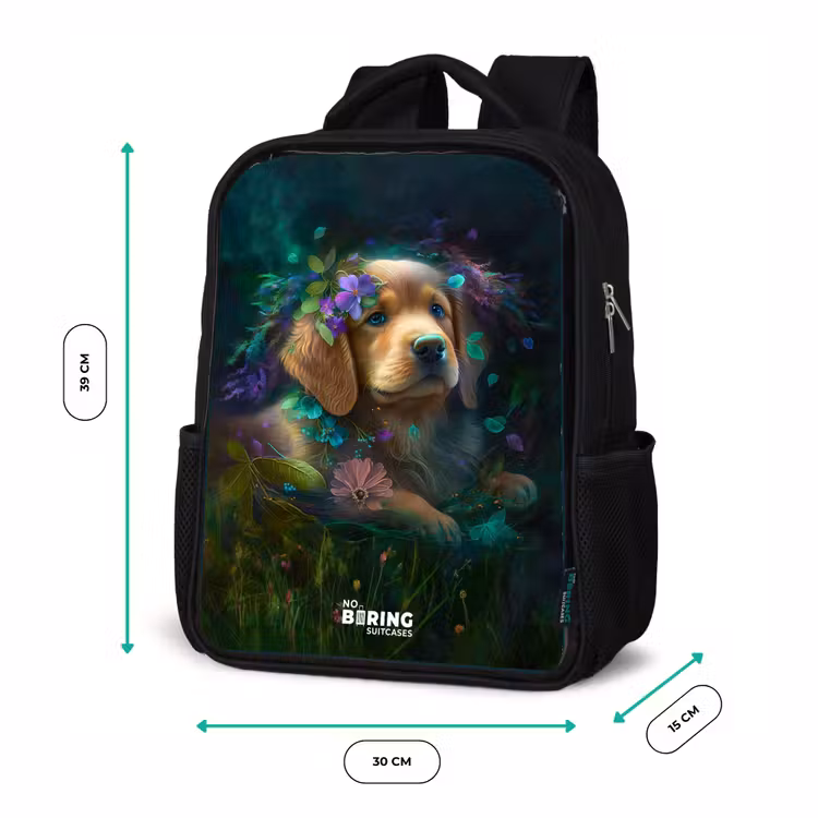 Kids backpack - Black - Brown dog among flowers — 8
