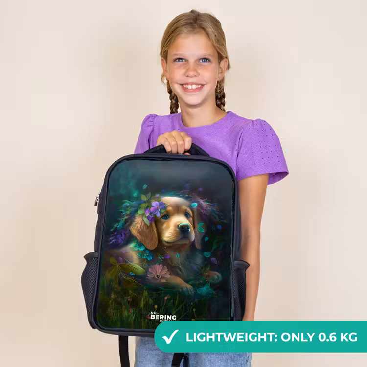 Kids backpack - Black - Brown dog among flowers — 9
