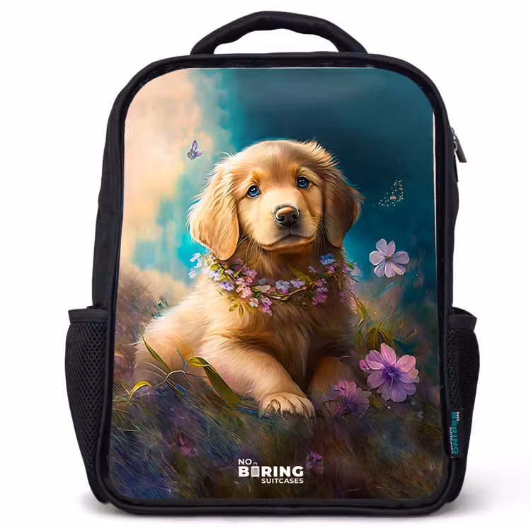 Kids backpack - Black - Golden puppy in the grass — 1