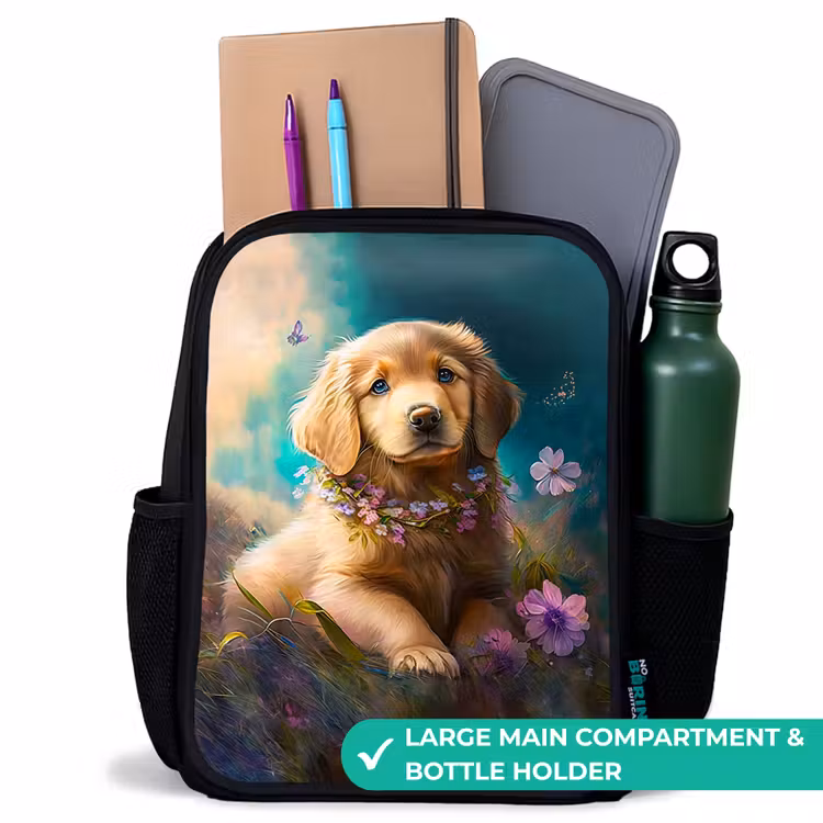 Kids backpack - Black - Golden puppy in the grass — 10