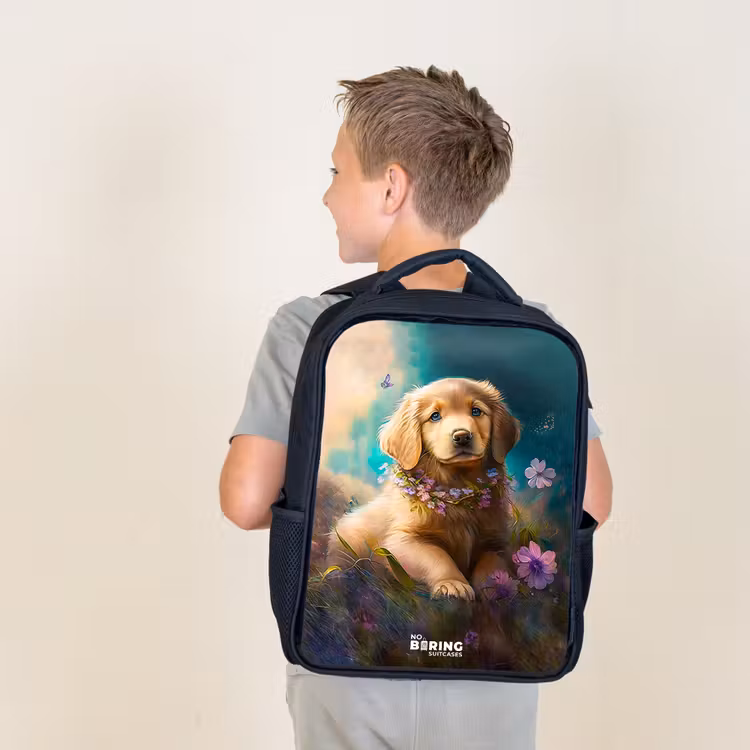 Kids backpack - Black - Golden puppy in the grass — 2