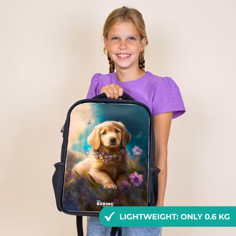 Kids backpack - Black - Golden puppy in the grass — 9