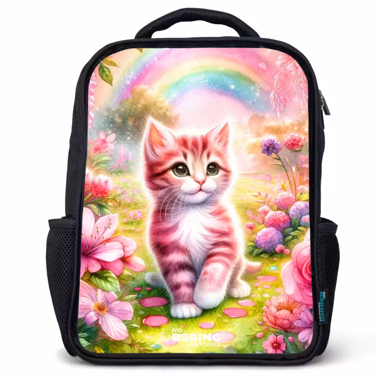 Kids backpack - Black - Kitten with rainbow and flowers — 1