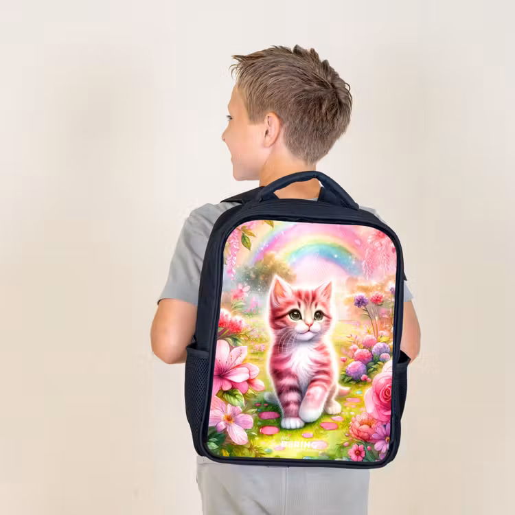 Kids backpack - Black - Kitten with rainbow and flowers — 2