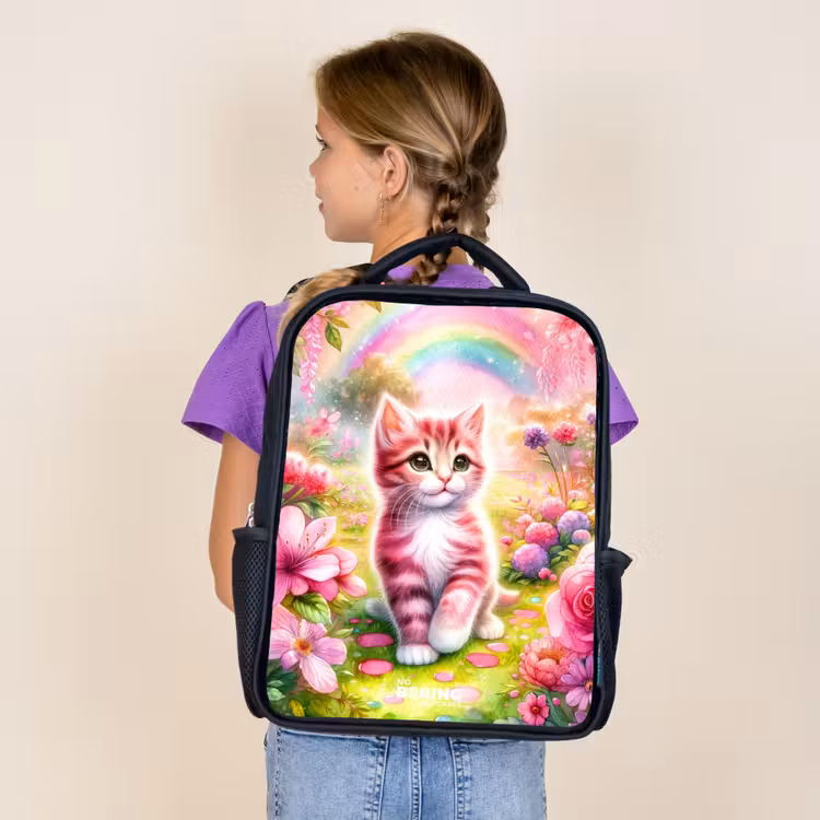 Kids backpack - Black - Kitten with rainbow and flowers — 4
