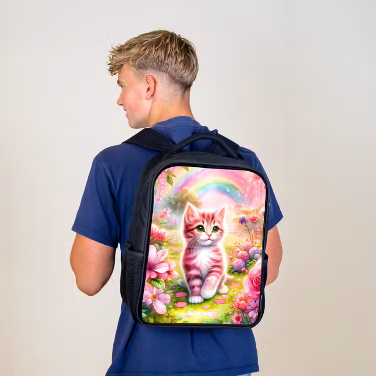 Kids backpack - Black - Kitten with rainbow and flowers — 5