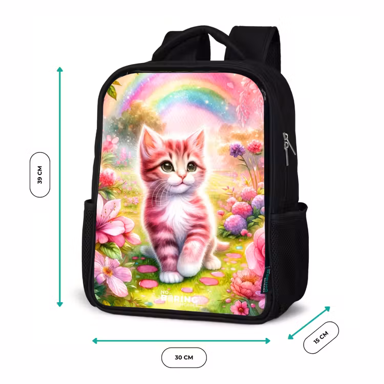 Kids backpack - Black - Kitten with rainbow and flowers — 8