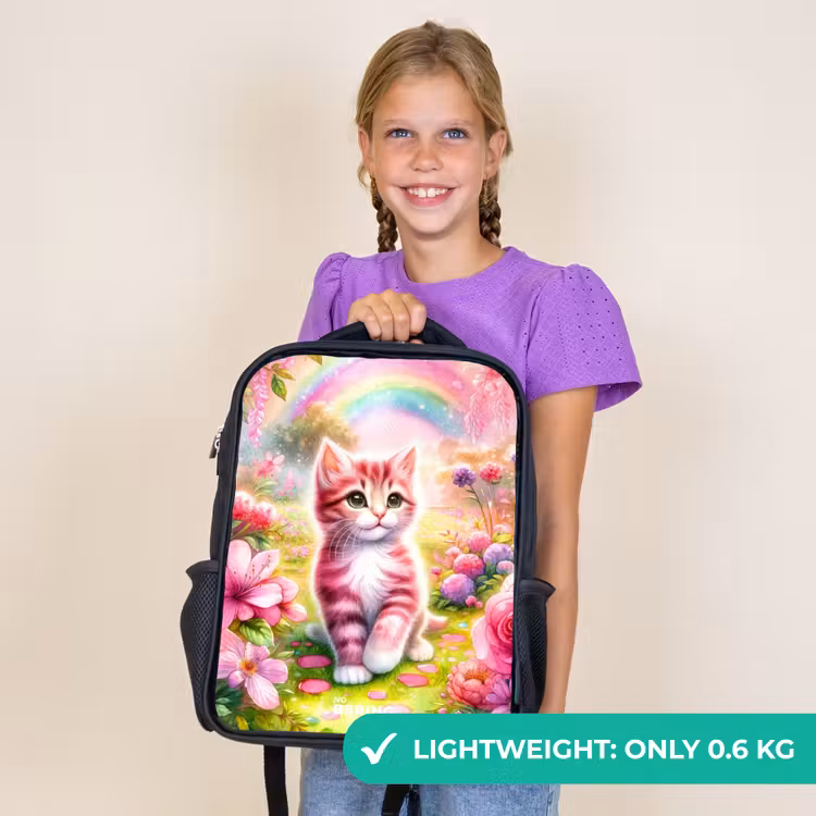 Kids backpack - Black - Kitten with rainbow and flowers — 9