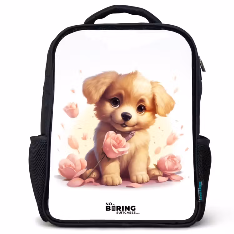 Kids backpack - Black - Puppy with pink flowers — 1