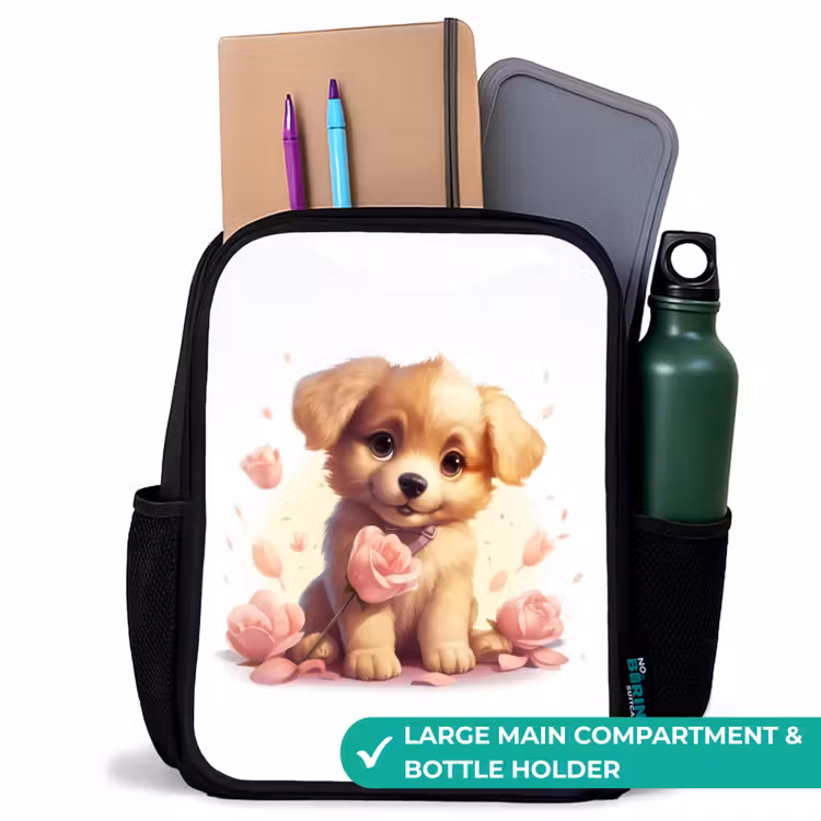 Kids backpack - Black - Puppy with pink flowers — 10