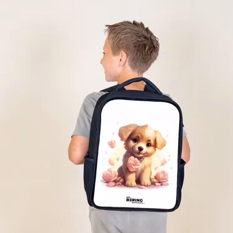 Kids backpack - Black - Puppy with pink flowers — 2