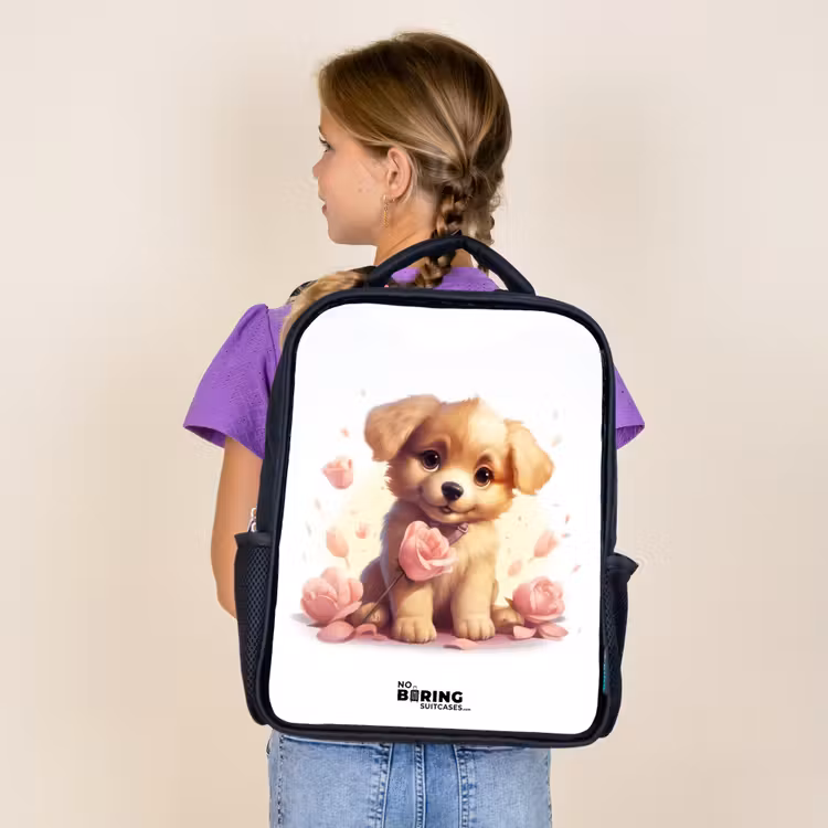 Kids backpack - Black - Puppy with pink flowers — 4