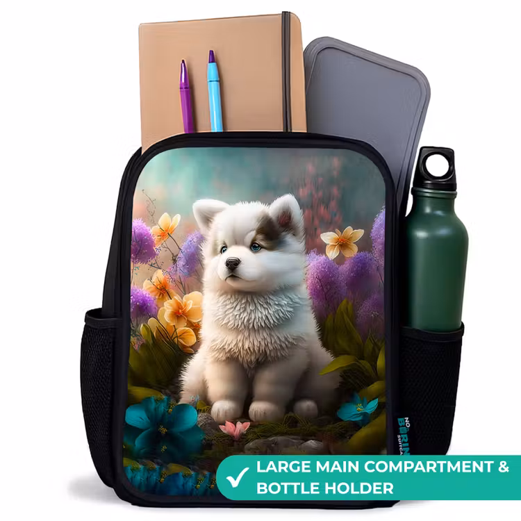 Kids backpack - Black - White puppy in a flower meadow — 10