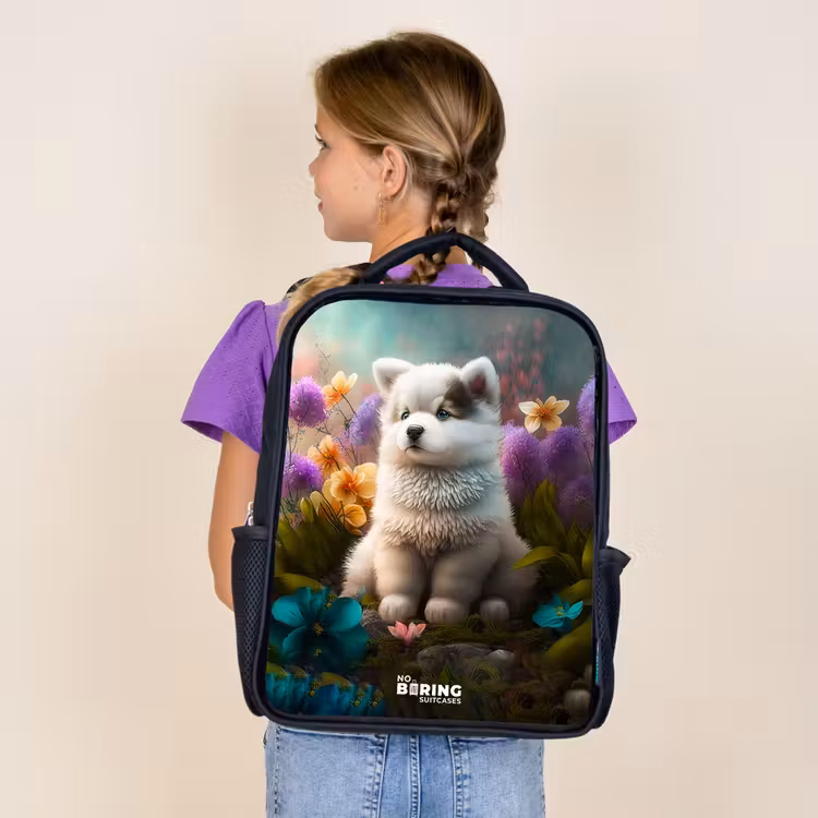 Kids backpack - Black - White puppy in a flower meadow — 4