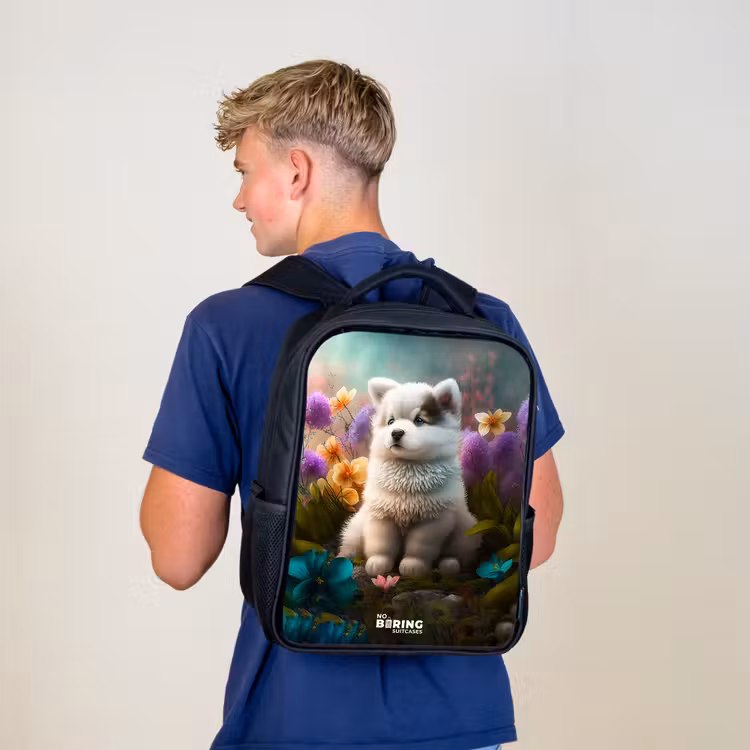 Kids backpack - Black - White puppy in a flower meadow — 5