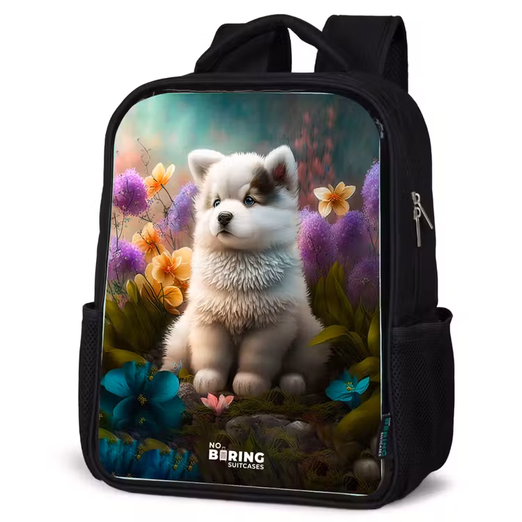 Kids backpack - Black - White puppy in a flower meadow — 6