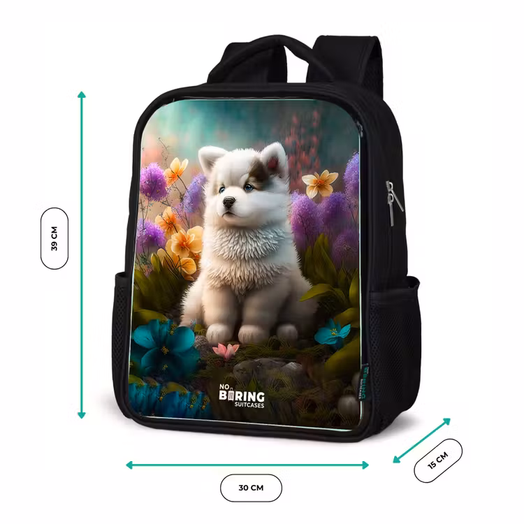 Kids backpack - Black - White puppy in a flower meadow — 8